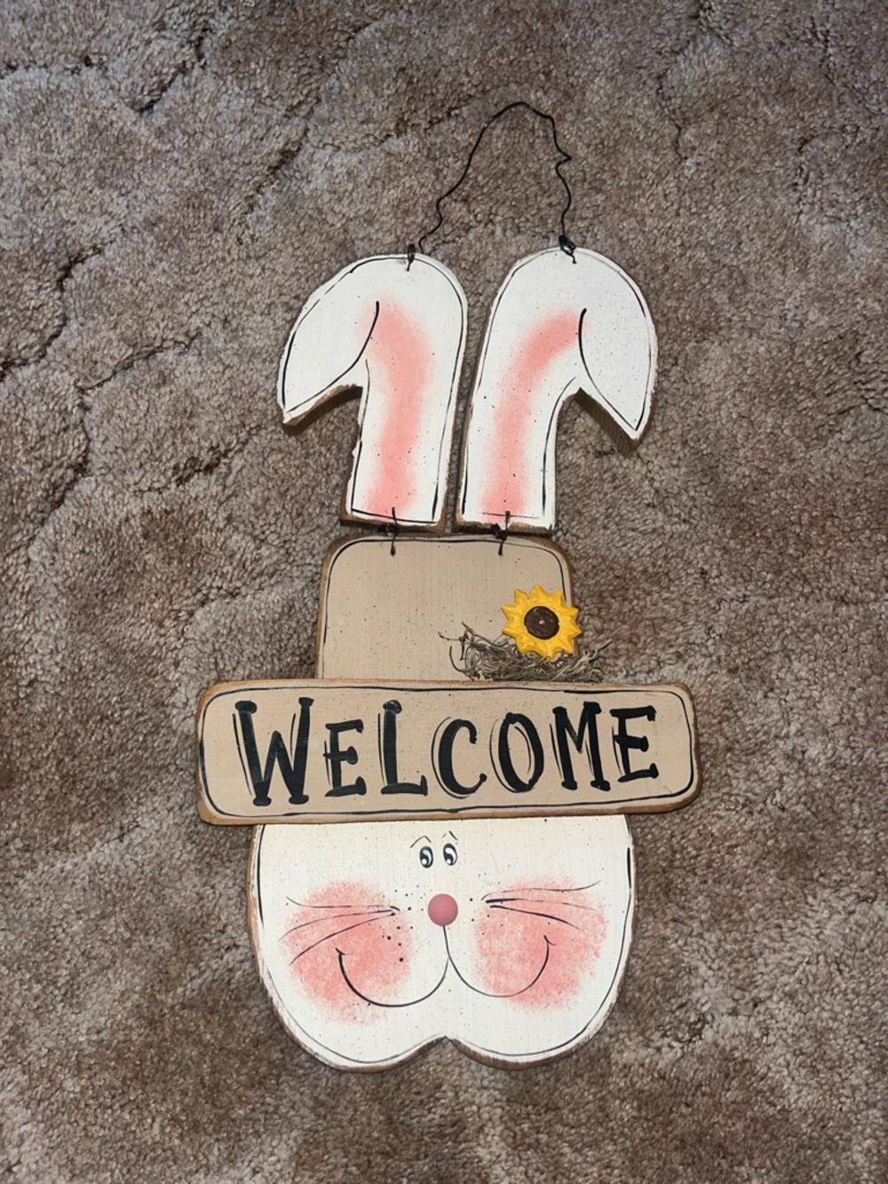 Vintage Bunny Welcome Sign - Solid Wood